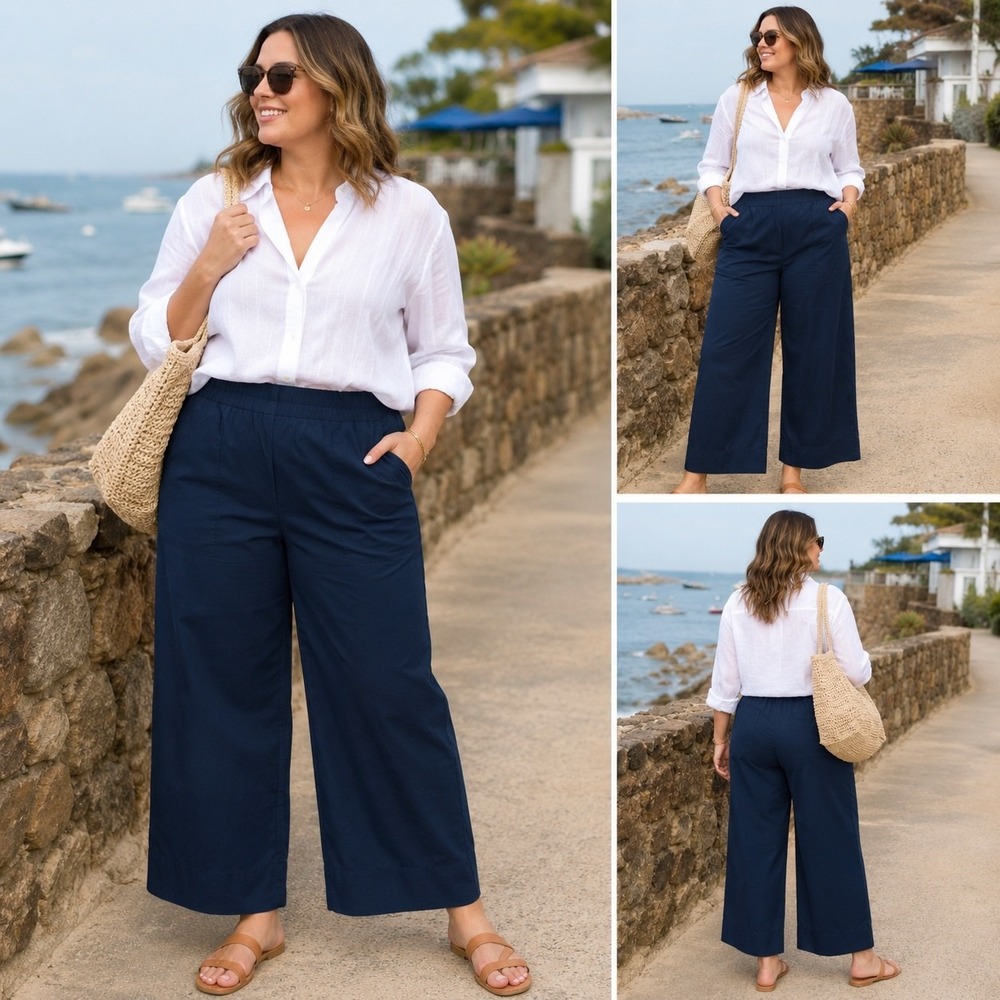 Banana Republic Wide Leg Cotton Poplin Pull-On Ankle Pants XL Navy NWT Pockets